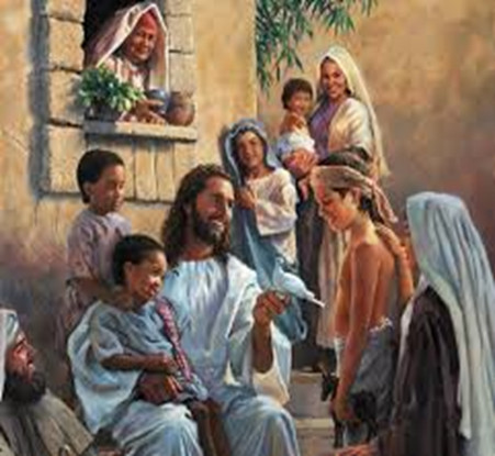 Ilustração com Jesus sorridente entre crianças