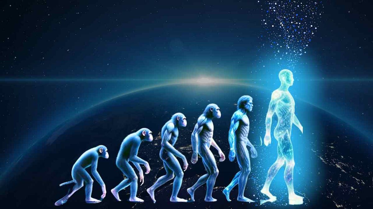 Ilustração mostrando a evolução desde o primata até o homem.