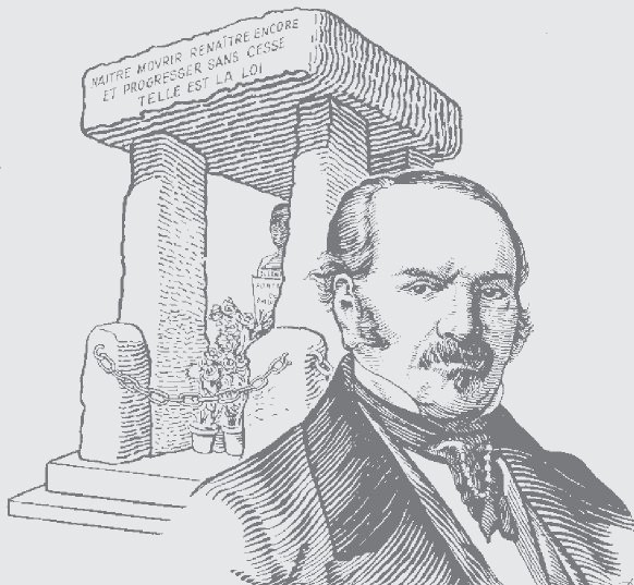 Ilustração mostrando o busto de Allan Kardec tendo ao fundo imagem do pórtico sobre seu túmulo.