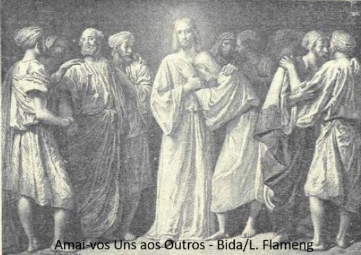 Ilustração mostrando Jesus entre os discípulos confraternizando.