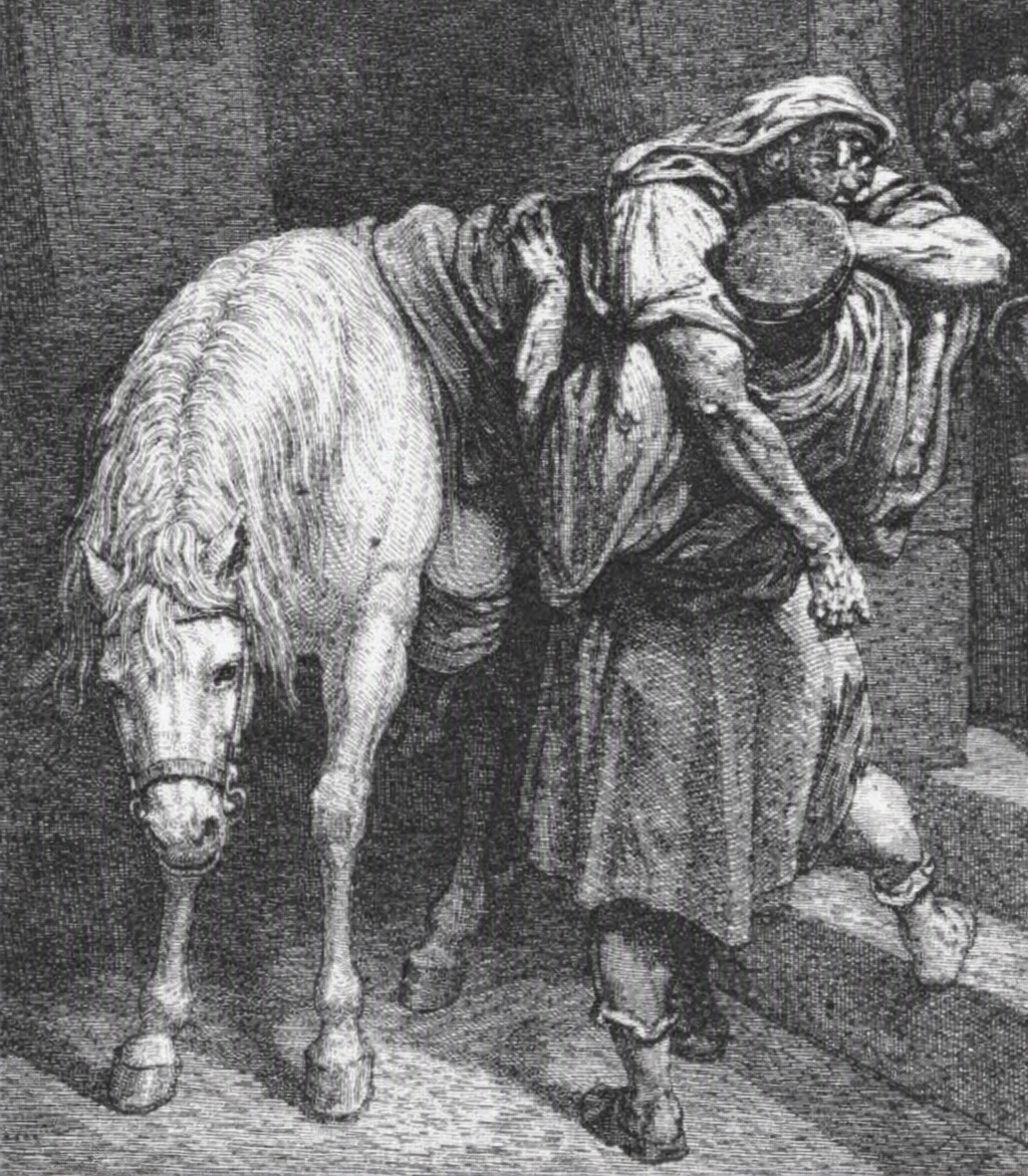 Desenho de um cavalo branco transportando um homem ferido sendo retirado do mesmo.