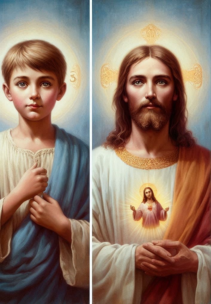 Ilustração de Jesus menino e depois adulto