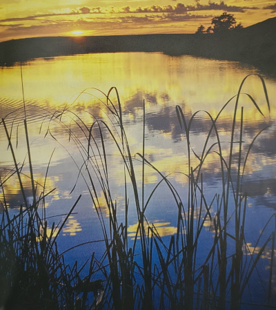 Fotografia de um lago sereno refletindo o nascer do sol ao longe, simbolicamente representando a criação divina.