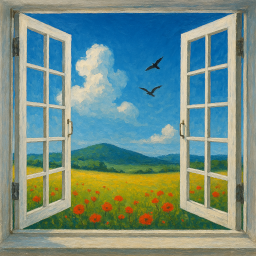 Desenho de janela entreaberta mostrando um campo florido com aves em um céu azul e límpido.