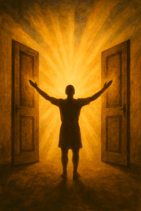 Imagem de homem de braços voltados para o alto ante portas abertas para fonte de luz.