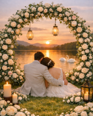 Fotografia de recém-casados abraçados, à beira de um lago, em um por do sol.
