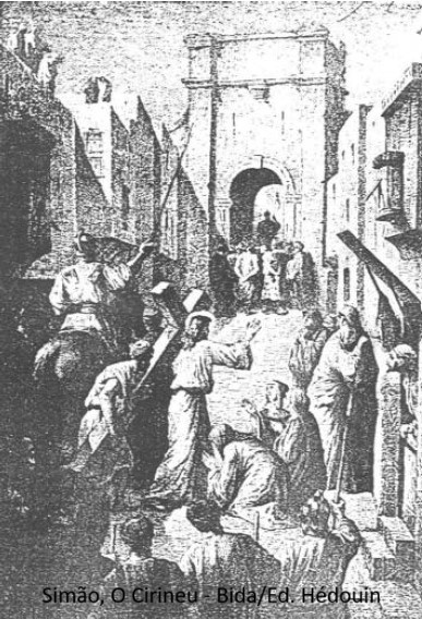 Ilustração mostrando Simão, o Cireneu, carregando a cruz de Jesus.