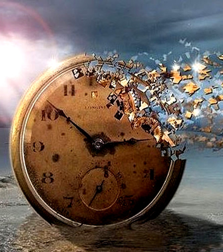 Fotomontagem de relógio se desmaterializando