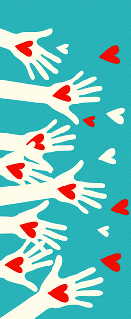 Ilustração mostrando diversas maõs portando e ofertando corações brancos e vermelhos em fundo azul.